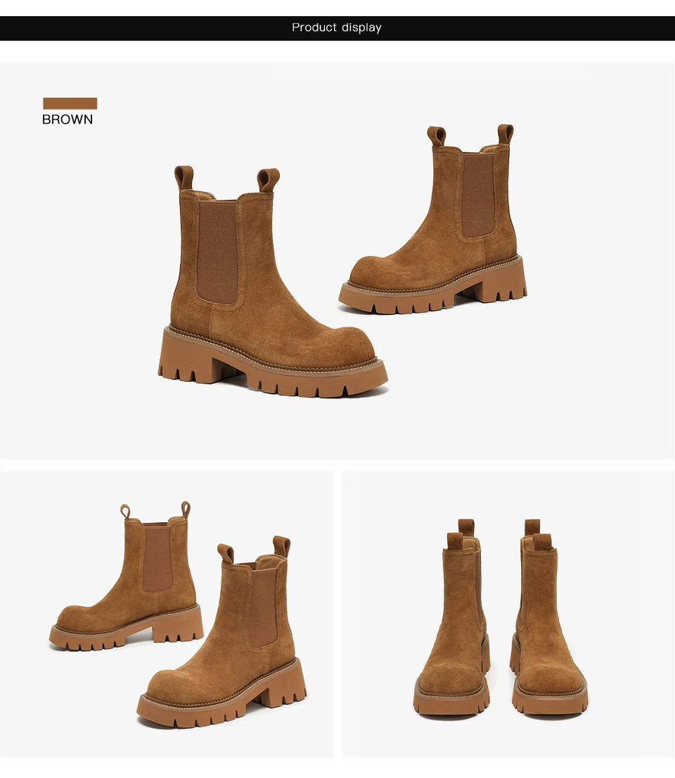 Brown Chelsea boots shown from multiple angles on a white background