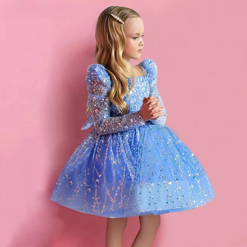 Girls Dress Sequin Mesh Long-sleeved Birthday Party  Outfit Matching BabyProm New children's Clothes Opening Ceremony