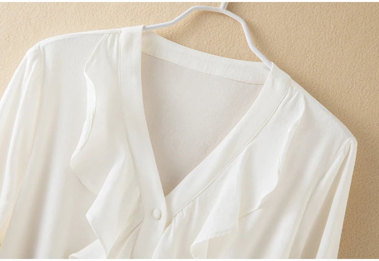 93% Mulberry Silk Ruffle V-Neck Button-Down Blouse – Women’s Long Sleeve Office Shirt
