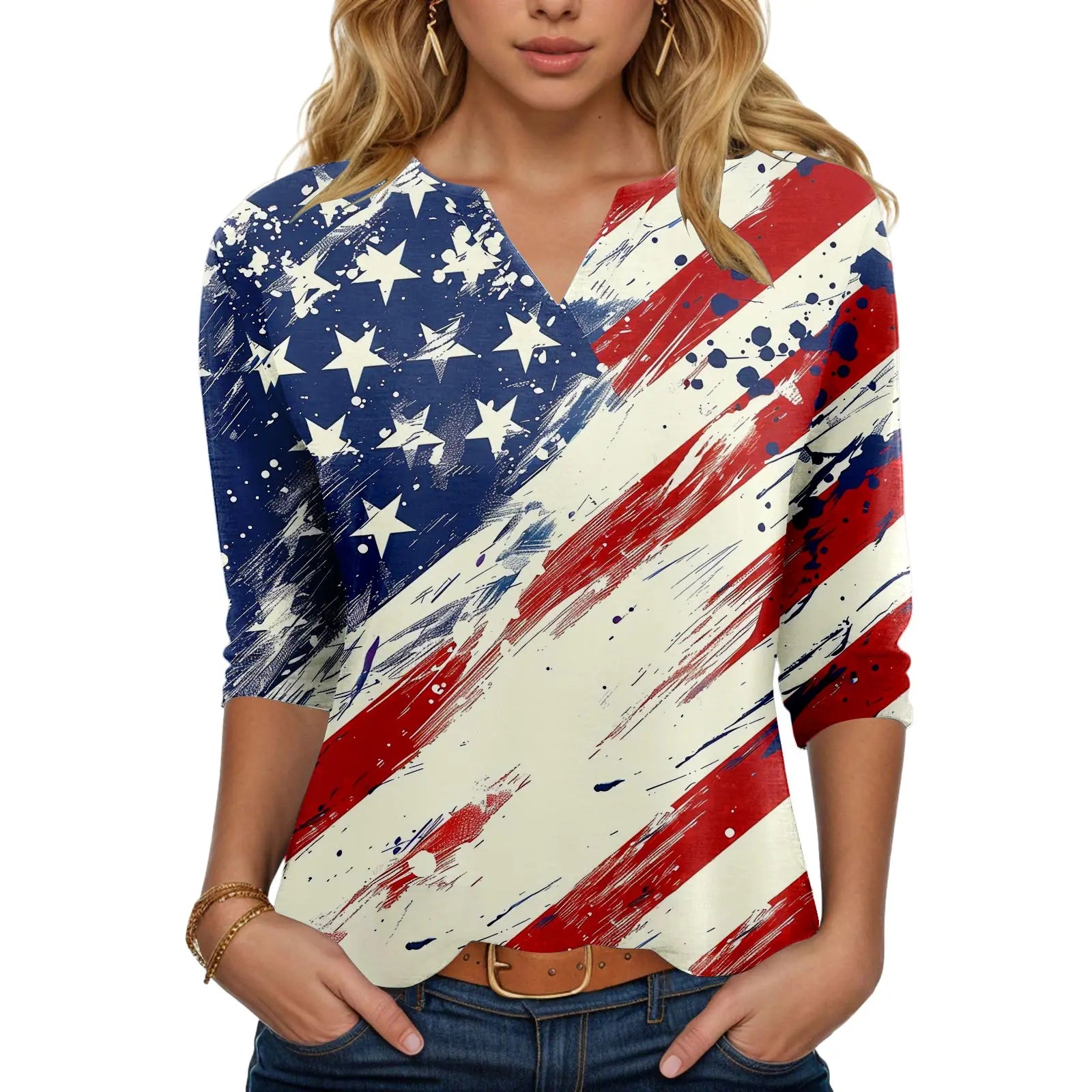 Independence Day Shirt for Women – 2025 4th of July Retro American Flag Print Tee | Casual Short Sleeve Blouse - HER SHOP