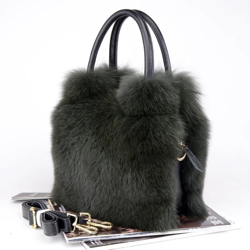 Real Fox Fur Bag Women Fashion Crossbody Bags Natural Fox Fur Chain Shoulder Bag Ladies Silver Fox Fur Clutch Bags Party Bag