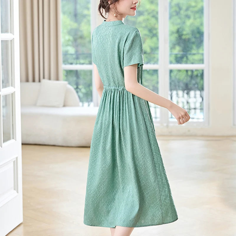 19 Momme Real Silk Elegant Fashion Dresses For Women 2026 Summer V-neck Short Sleeve Drawstring Office Lady Long Dress A-line