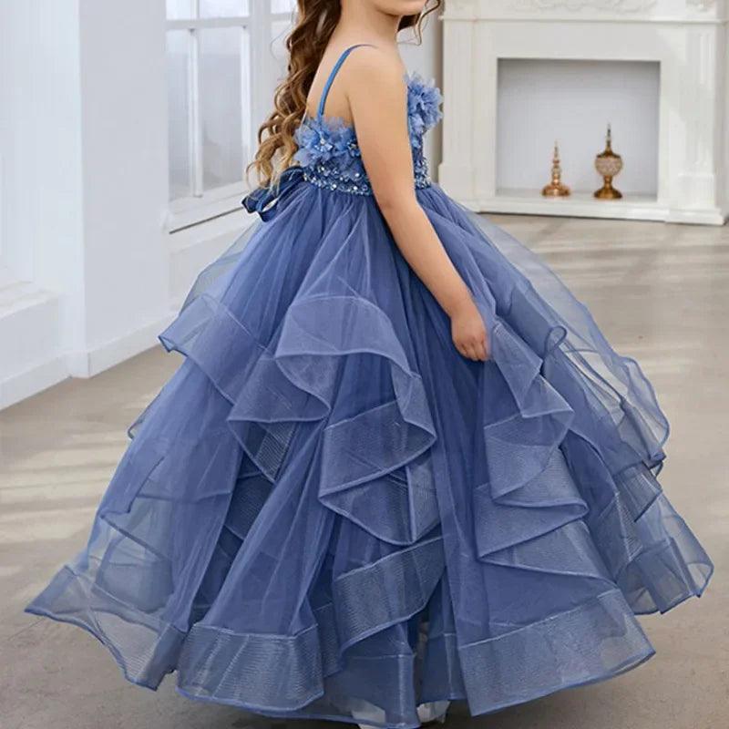 Blue Lace Flower Girl Dress - Fluffy Tulle, Spaghetti Straps, Kids Wedding Bridesmaid & Birthday Party Outfit