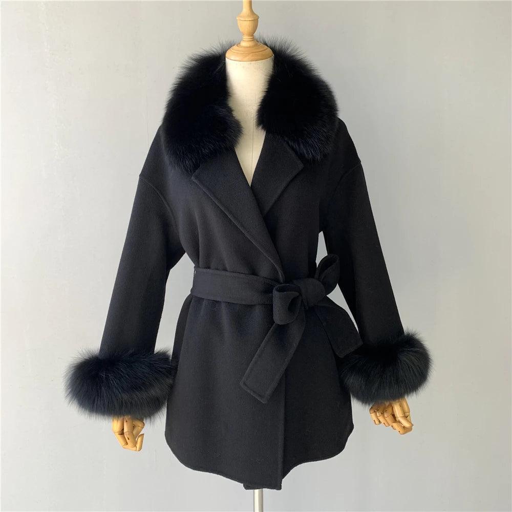 Women's Wool Coat with Real Fur - Elegant Medium-Length Cashmere Blend Coat for Autumn/Winter Fashion