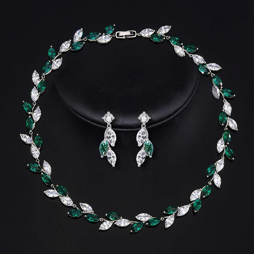 Luxury Marquise-Cut Moissanite Bridal Set - Leaf-Shaped Emerald Imitation Choker Necklace and Earrings for Wedding Parties