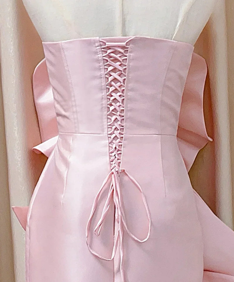 Midi Dress for Women - Elegant Pink & White Strapless Design with Sexy Tight Fit & 3D Flower Detail - Celebrity Party Dress Summer 2024
