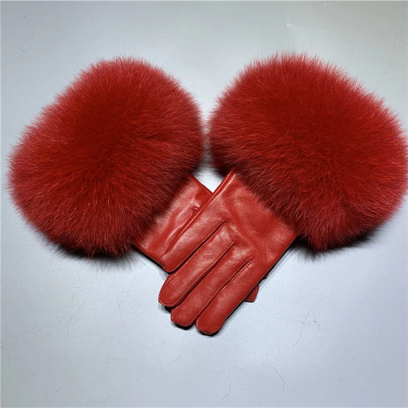 Luxury Fox Fur & Genuine Sheepskin Leather Gloves for Women – Winter Warm Driving Mittens with Real Fur Cuffs