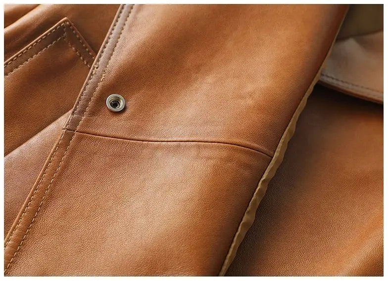 Vintage Brown Real Sheepskin Leather Jacket for Women – Lapel Collar Belted Design, First-Layer Leather, Casual Fashion Outerwear