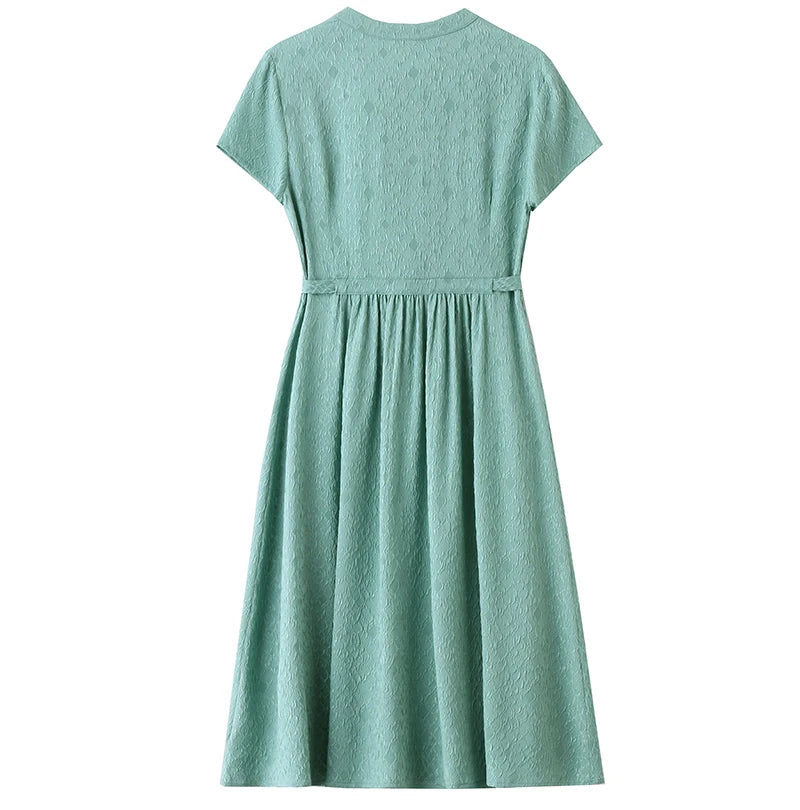 19 Momme Real Silk Elegant Fashion Dresses For Women 2026 Summer V-neck Short Sleeve Drawstring Office Lady Long Dress A-line