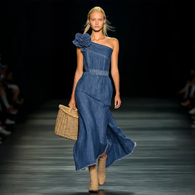 beach party maxi dress Elegant Strapless Denim 3D Floral for Women, Wedding Long Gown with Split Side Blue / XL Size:5/39 26WK21 or elevate it with Ribbon Slim High Waist