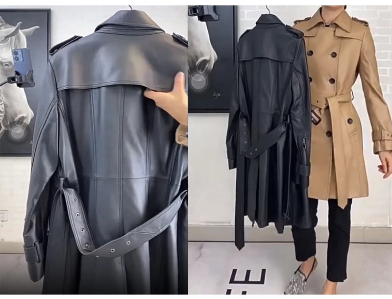 Natural Leather Women's Jacket Autumn Winter Khaki/Black Double Breasted Classic British Style Slim Sheepskin Long Trench Coat