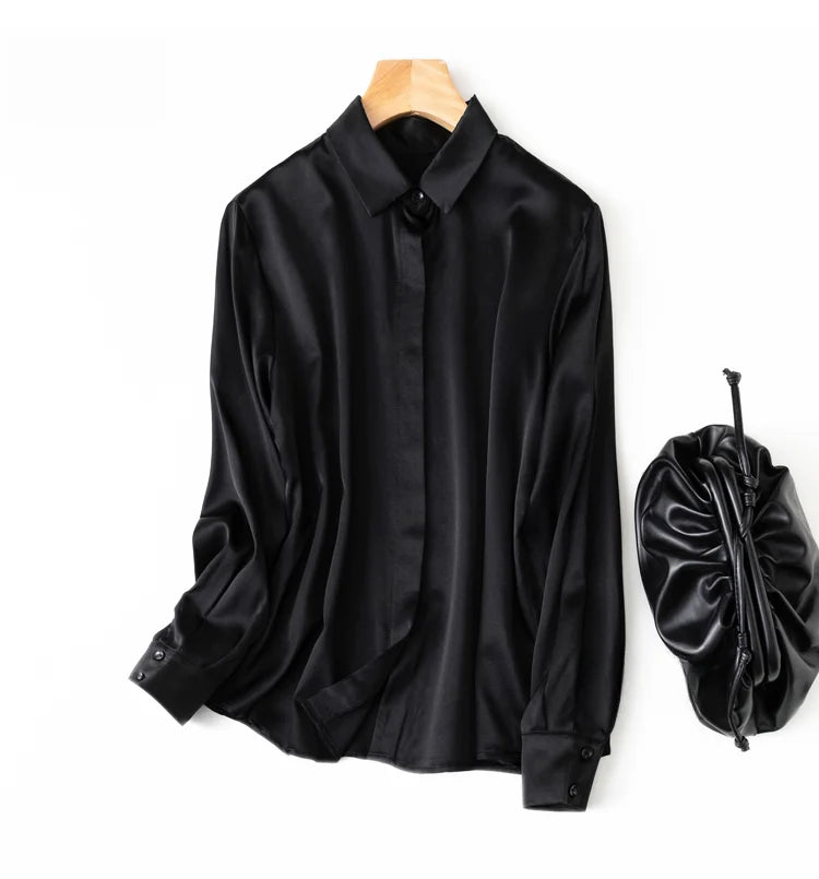 Women's 93% Mulberry Silk 7% Spandex 19 momme satin Silk Buttons down long sleeve shirt Top Blouse office work M L XL MM161