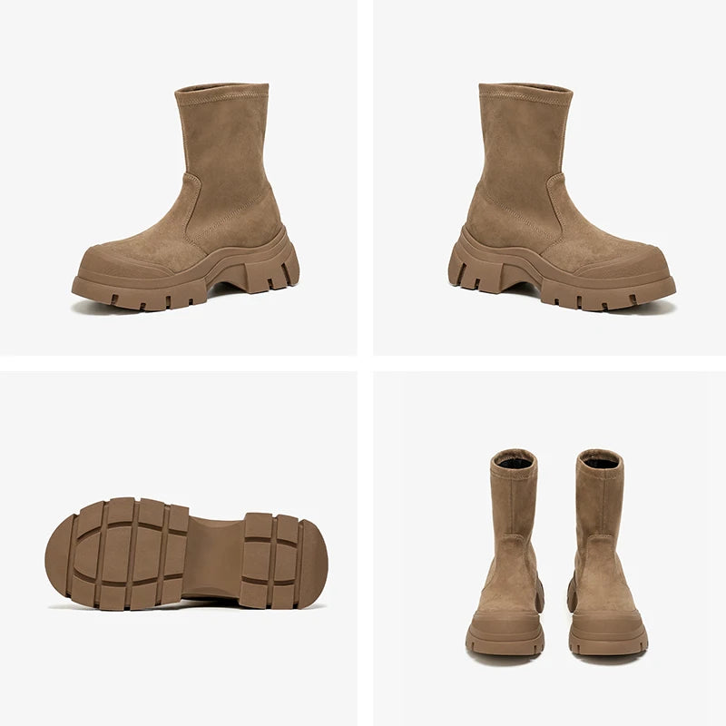 Women’s Stretch Fabric Sock Boots – Handmade Round Toe Slip-On Platform Boots in Solid Color