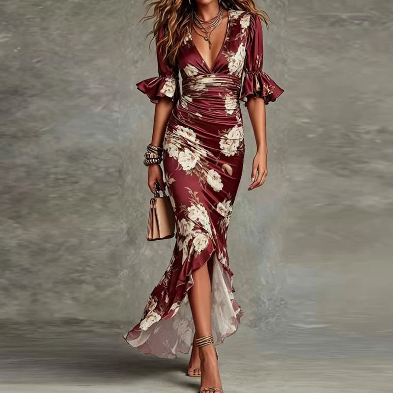 Summer Ruffle Patchwork V-Neck Dress ââ‚¬“ Women's Elegant Half Sleeve Holiday Party Dress