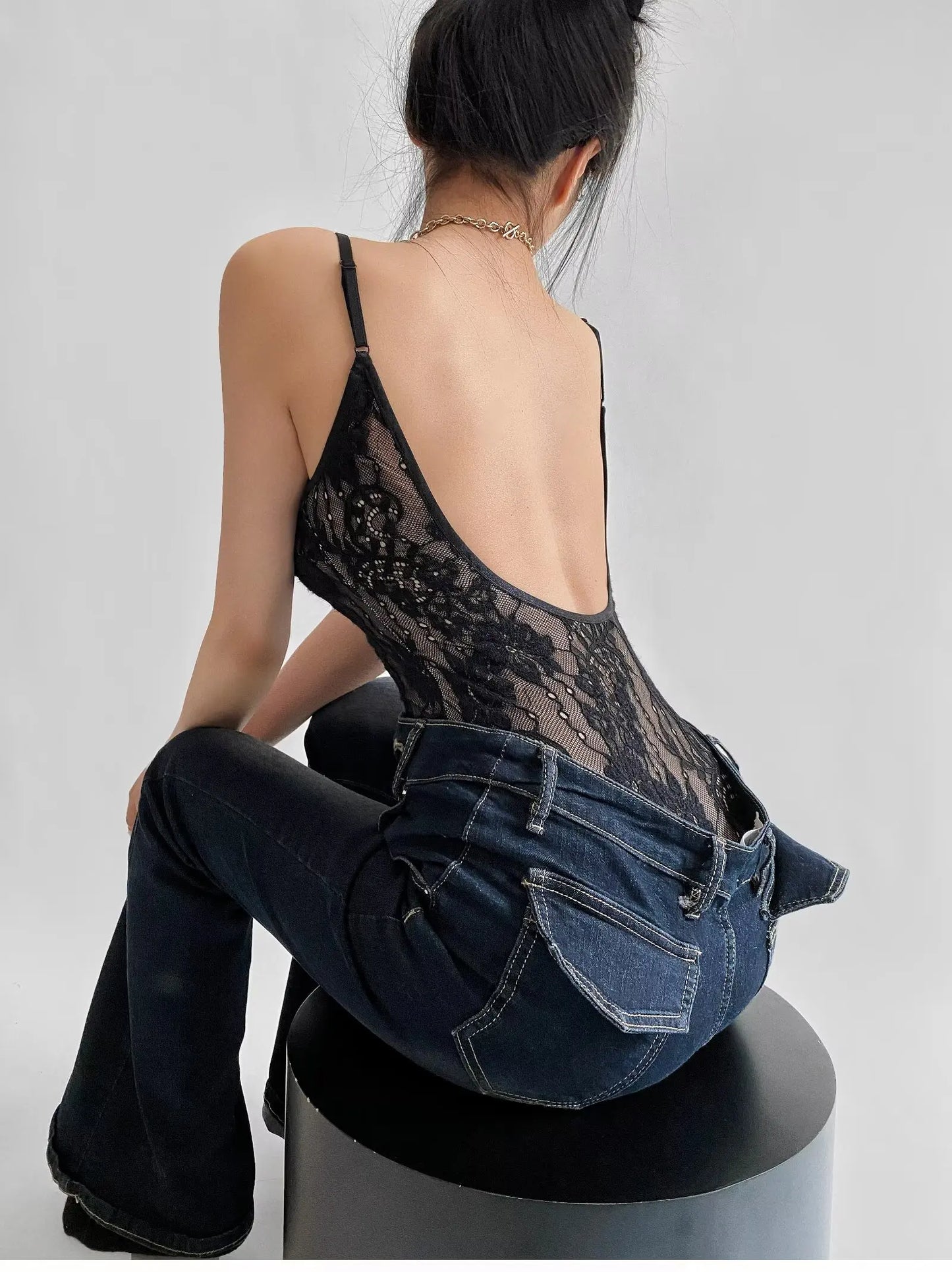 Sexy Sheer Lace Backless Spaghetti Strap Bodysuit with Lining – Slim Fit Tight Short Romper for Women