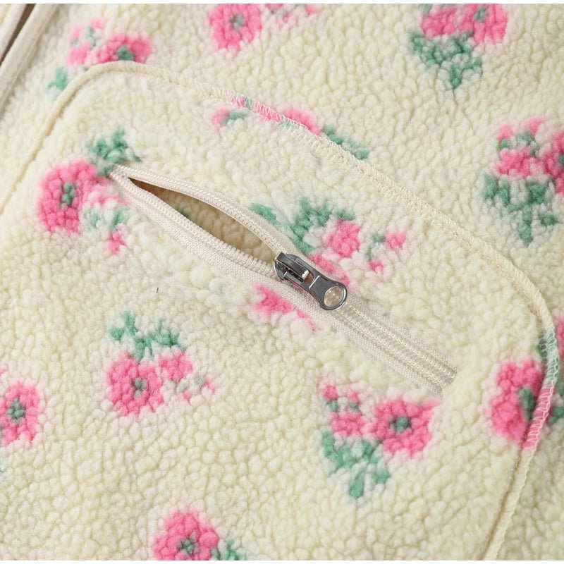 Retro Printed Plush Zipper Short Jacket Women Casual Loose High Neck Pocket Jackets Coat Lady 2025 Versatile Chic Street Outwear