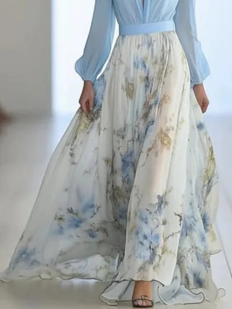 Elegant V-neck Long-sleeved Chiffon Dress Fashion Spring Autumn Powder Sleeve Splicing Flower Printing Casual Dresses Female