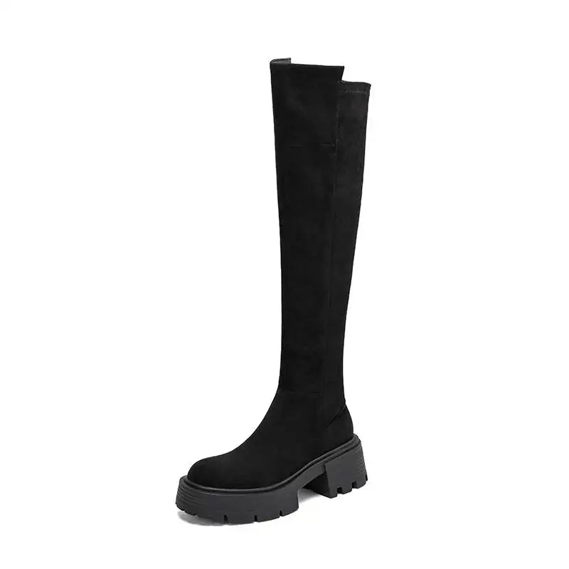 Flock Stretch Over-the-Knee Boots – Slip-On, Round Toe, Chunky High Heels, Elegant Modern Platform Style