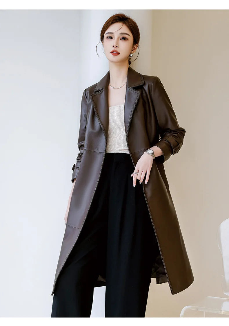 Women's Genuine Leather Trench Coat Lace-Up Long Slim Fit Spring Autumn Sheepskin Top
