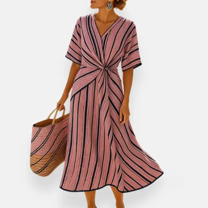Elegant Striped Print V-Neck Maxi Dress – Short Sleeve Boho Casual Summer Beach A-Line