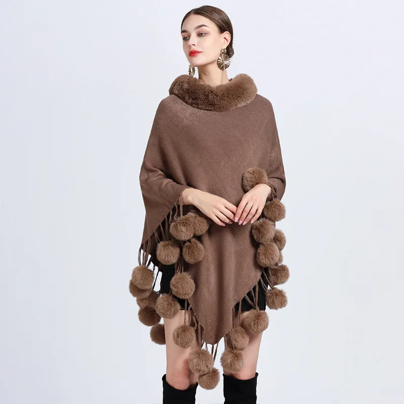 Women's Asymmetric Poncho Scarf with Fur Ball Decoration - HER SHOP