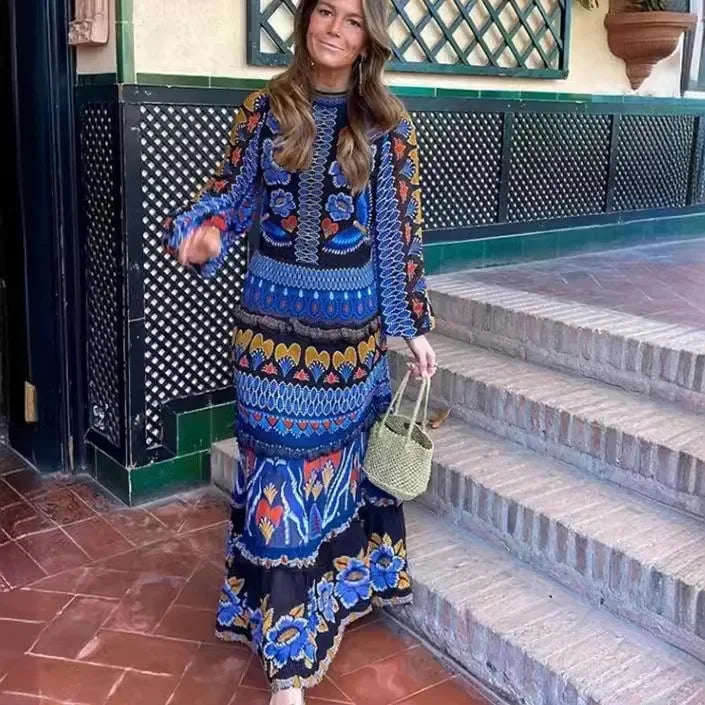 Women's Long Sleeve Printed Dress Stand Collar European And American Style Fashion Clothing Fast Selling Exclusive Model - HER SHOP