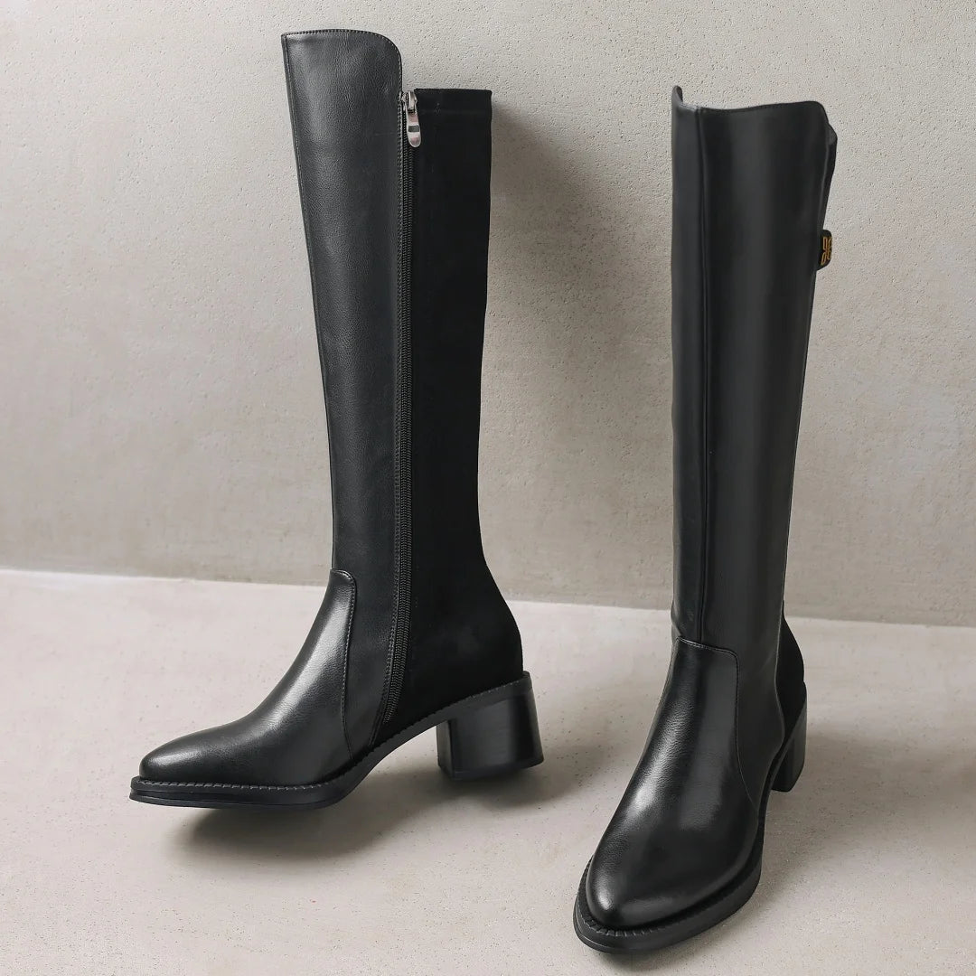 Women’s Genuine Leather & Flock Patchwork Knee-High Knight Boots – Side Zip, 5cm Thick Medium Heel, Casual Autumn Winter Long Boots