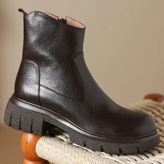 Women’s Genuine Sheepskin Ankle Boots with Side Zip – Round Toe, Soft Comfort, Thick Sole Casual Boots for Autumn - HER SHOP