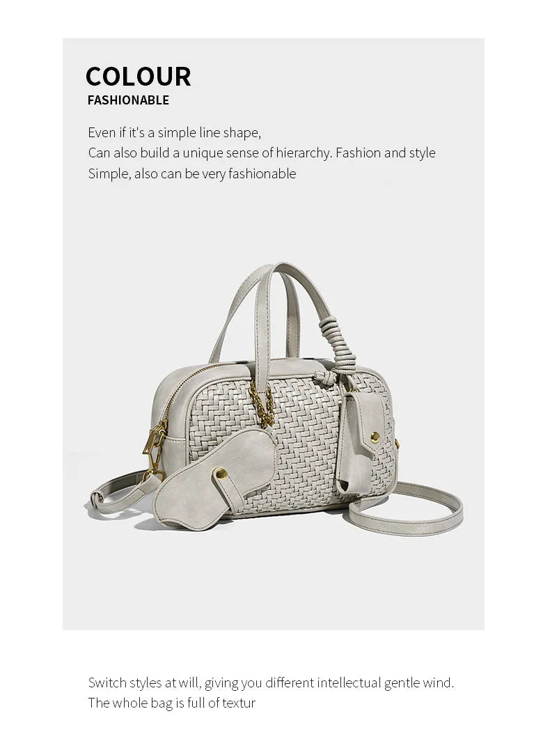 Women's Boston Bag 2025 Fall Winter New Woven Bowling Bag Unique Design Handheld Pack Trendy Light Luxury PU Leather Handbag