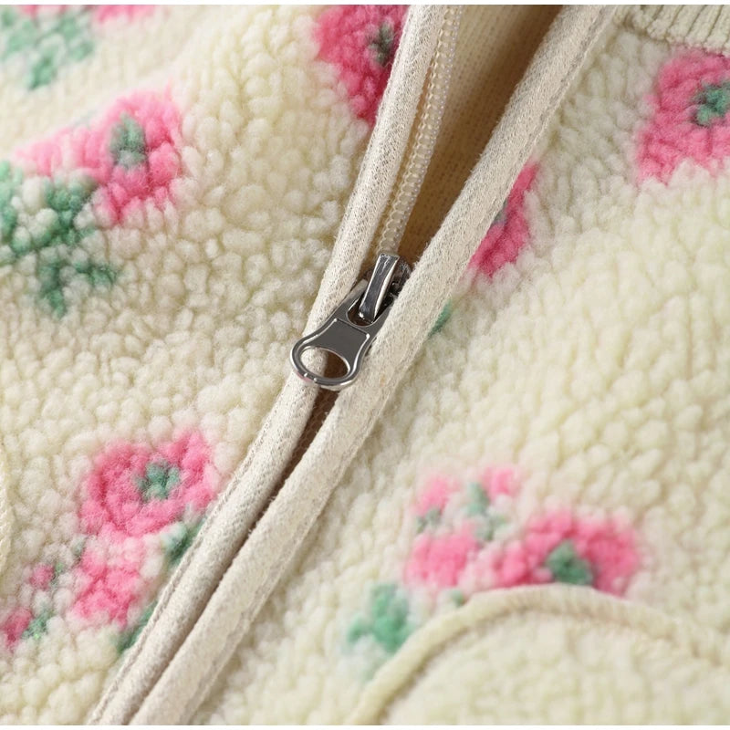 Retro Printed Plush Zipper Short Jacket Women Casual Loose High Neck Pocket Jackets Coat Lady 2025 Versatile Chic Street Outwear