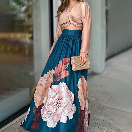 Autumn Women’s Two-Piece Set – Long-Sleeve Printed Shirt & Long Dress, Elegant Holiday & Office Outfit - HER SHOP