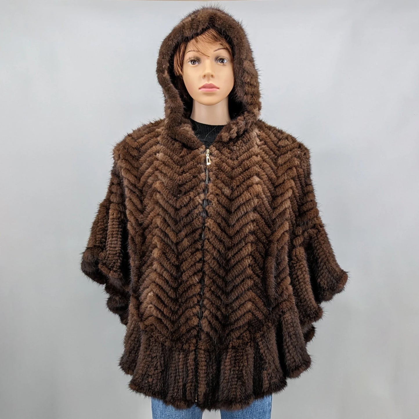 Luxury Real Knitted Mink Fur Cape with Hood – Ruffle Shawl Zipper Wrap for Women (Plus Size)