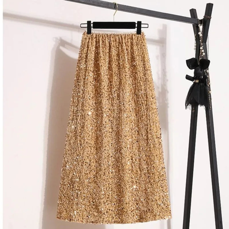 Sequin Elastic Waist A-Line Midi Skirt for Women – Casual Solid Color Summer Skirt