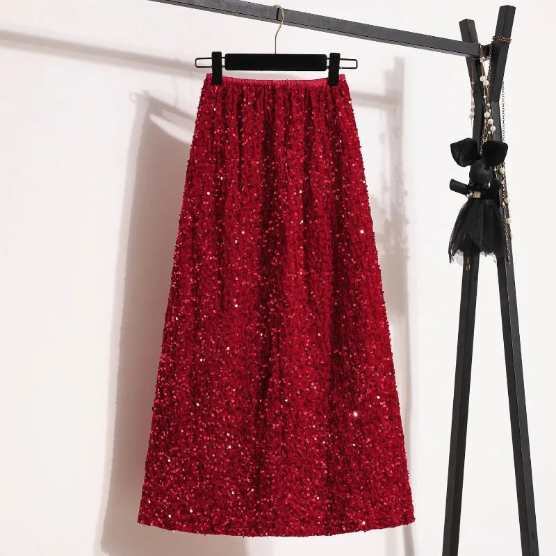 Sequin Elastic Waist A-Line Midi Skirt for Women – Casual Solid Color Summer Skirt