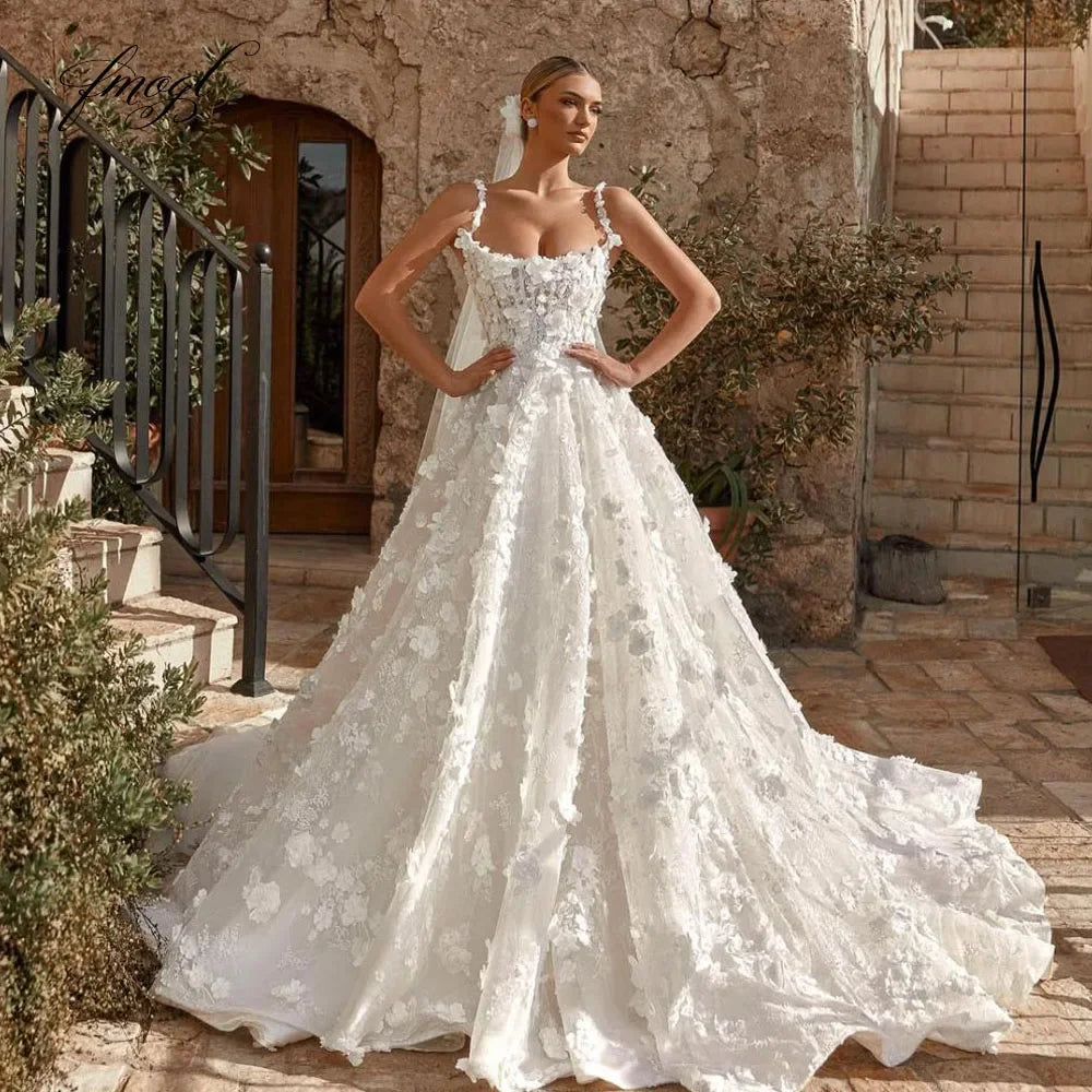 Luxury Square-Neck A-Line Lace Wedding Dress – Spaghetti Straps & 3D Floral Appliqués, Custom Made