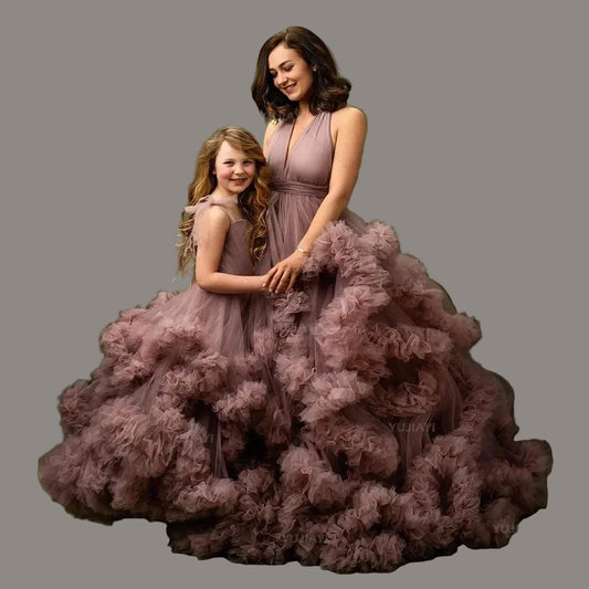 Mommy and Me Matching Dress Puffy Tulle Tiered Ruffles Mother and Daughter Dresses for Party or Photoshoot Family Look Ball Gown - HER SHOP