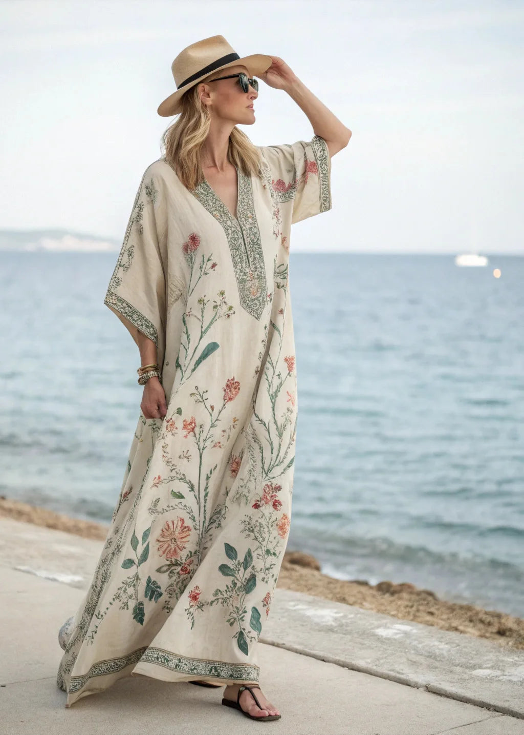 2026 Spring/Autumn Ethnic Print Maxi Dress V-Neck, Striped Contrast, Trumpet Sleeves, Loose Fit Vacation Long Dress for Women