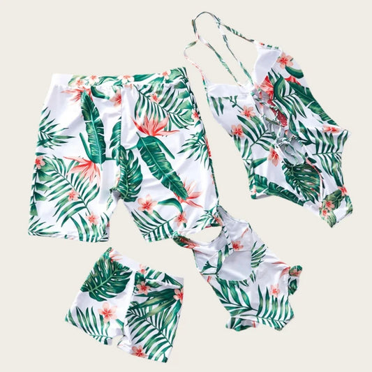 Fashion Family Swimsuit Set for Girls Boys Dad Mom Matching Clothing Outfits Mommy and Me Daughter Son Leaf Print Beach Swimming - HER SHOP