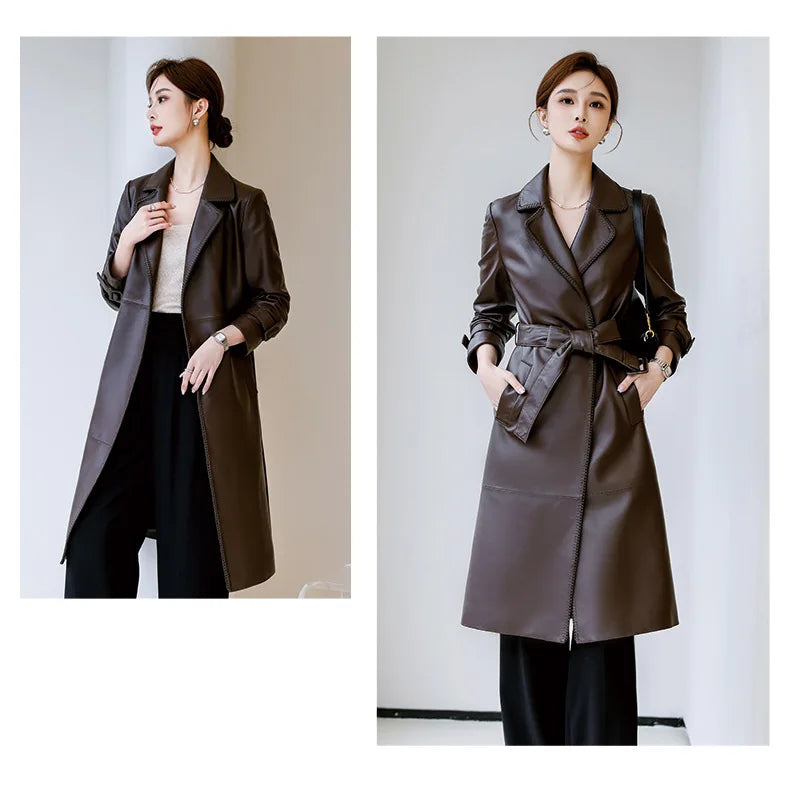 Women's Genuine Leather Trench Coat Lace-Up Long Slim Fit Spring Autumn Sheepskin Top