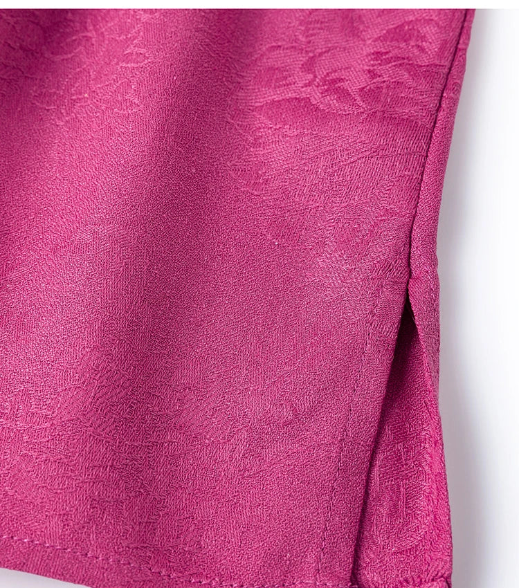70% Mulberry Silk Cotton Jacquard Blouse – Women’s Hot Pink Long Sleeve Pullover Top
