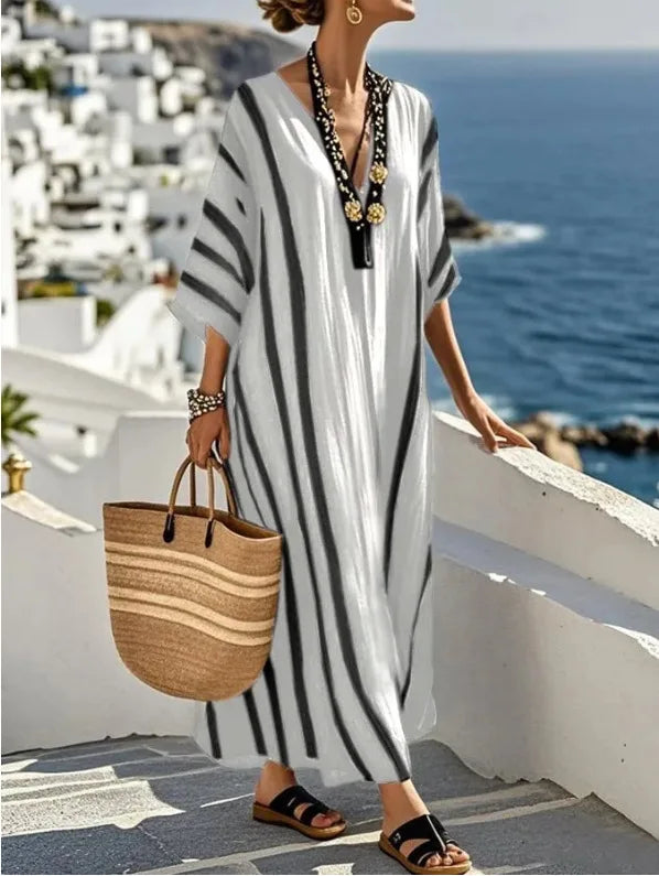 2026 Spring/Autumn Ethnic Print Maxi Dress V-Neck, Striped Contrast, Trumpet Sleeves, Loose Fit Vacation Long Dress for Women