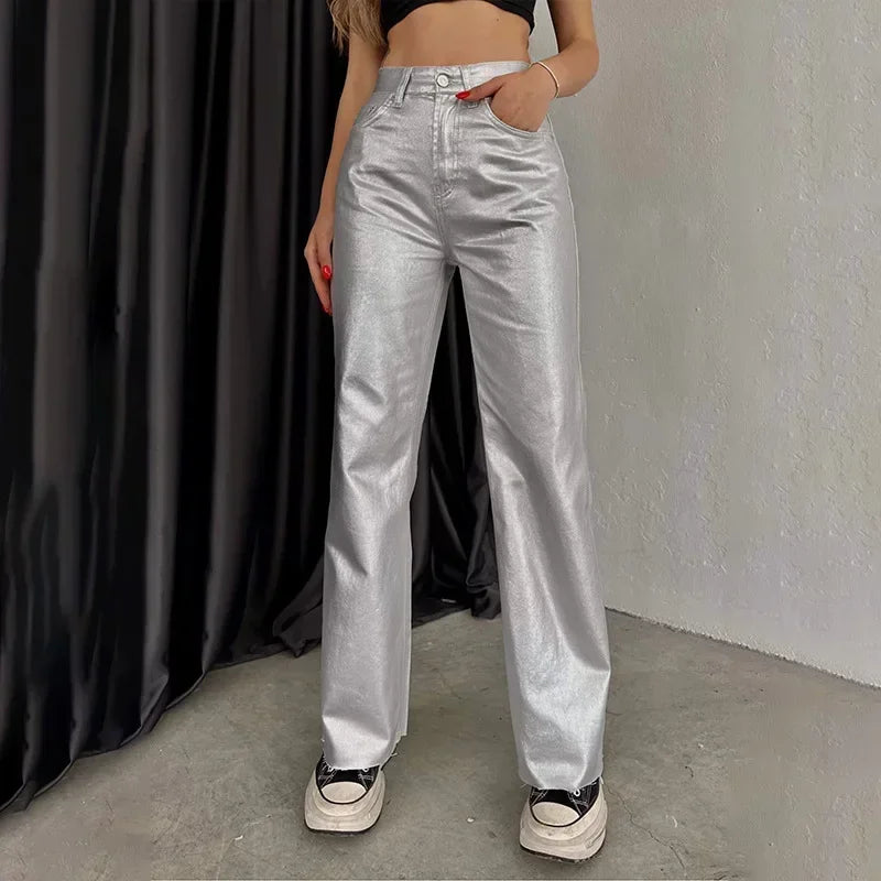 Women's New Fashion Silver High Waist Strap Pants Vintage Pockets Elegant Commuting Casual Loose Fit Women's Shiny Pants Y2K