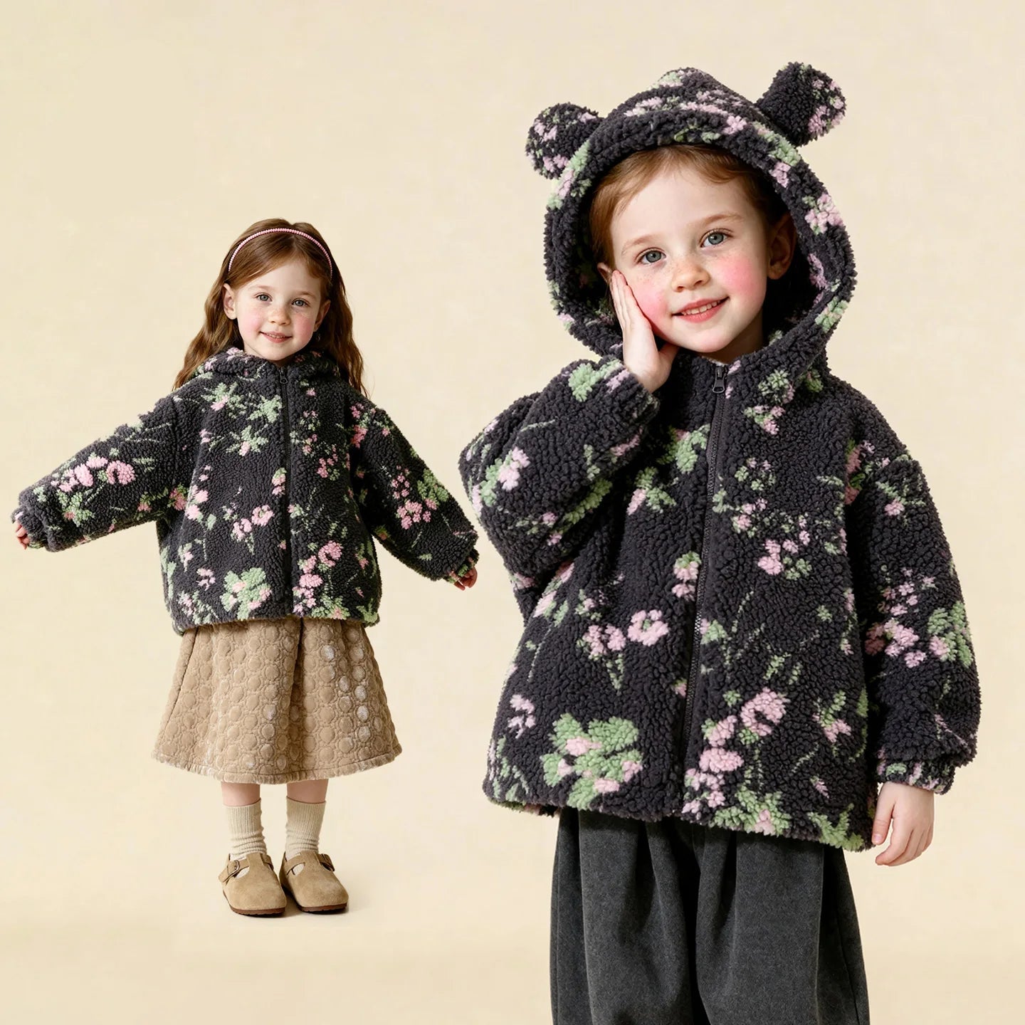 Two children wearing floral-patterned jackets with bear ears, standing against a beige background. Amila brand logo is visible.