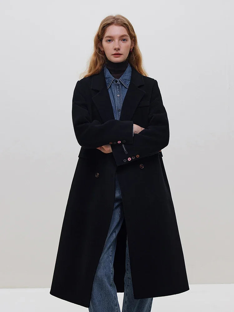 Her Shop 100% Wool Dark Grey Winter Mid-Length Straight Wool Coat - Simple Notched Collar, Temperament Shoulder Design