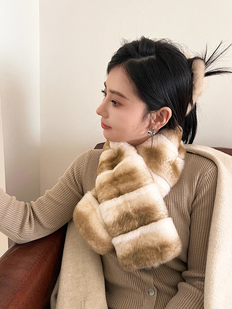 Real Natural Rex Rabbit Fur Neckerchief– Women's Luxury Winter Shawl & Double Fur Scarf, Chinchilla Style Warm Female Scarves