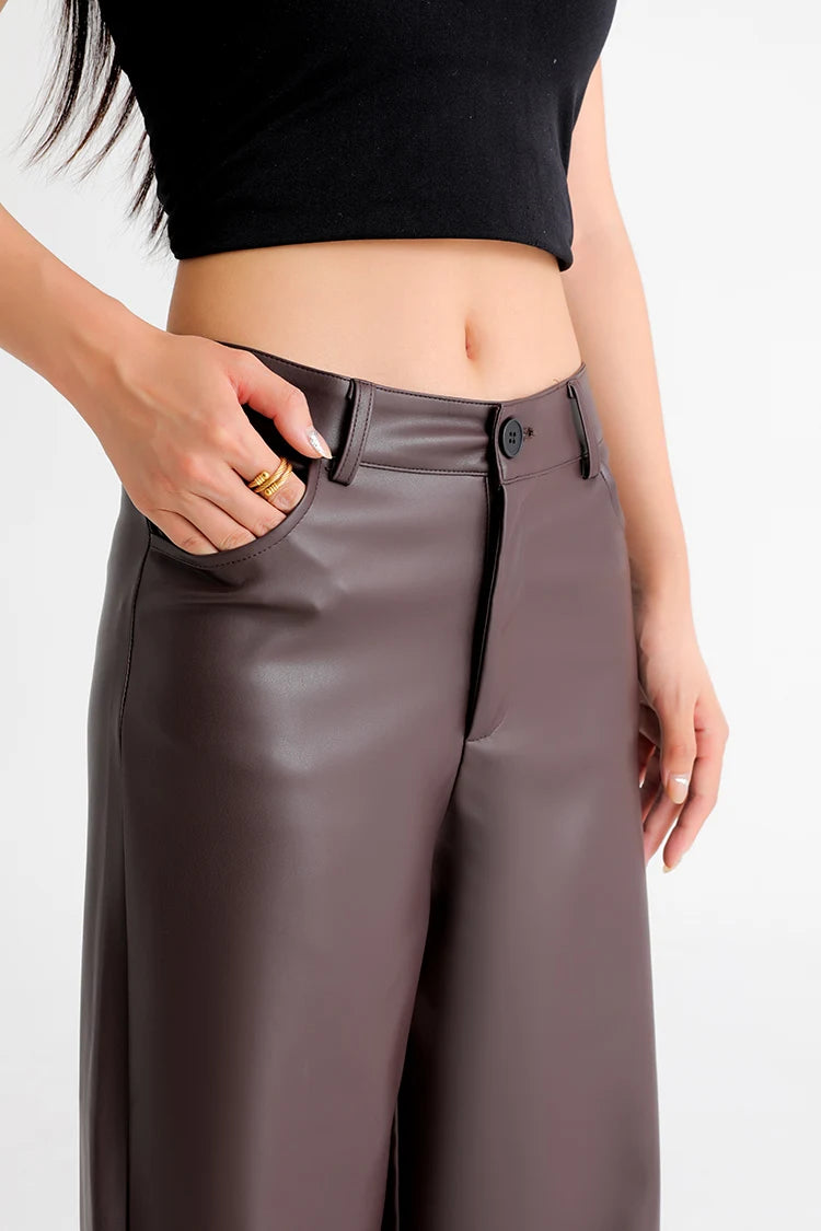 Fall Winter Fleece Loose Wide Leg Warm Leather Pants Women Button Pocket High Waist Thick PU Casual Straight Pants