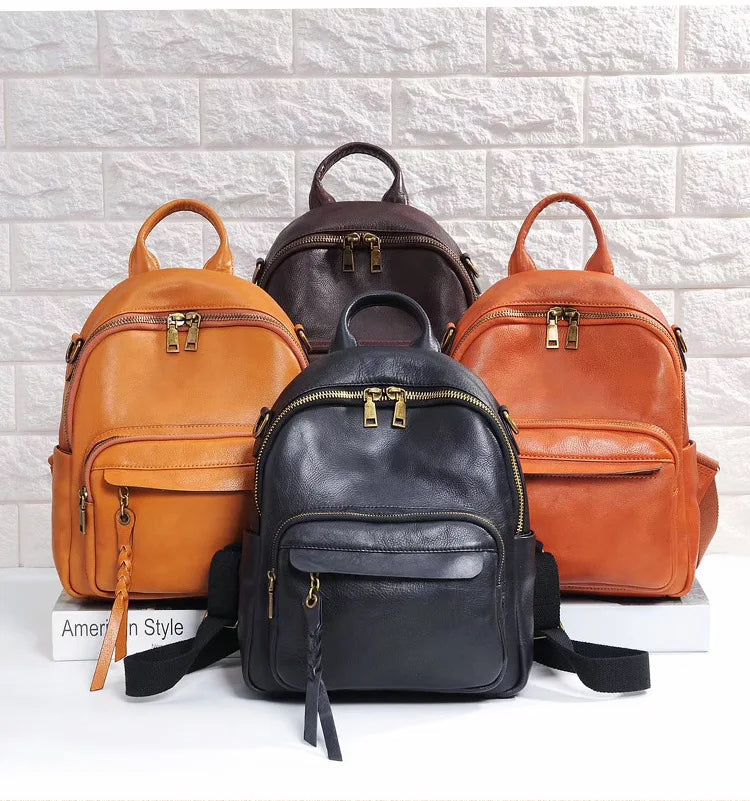 Highend Vintage A4 Coffee Yellow Brown Black Full Grain Genuine Leather Women Backpack Cowhide Girl Travel Bag