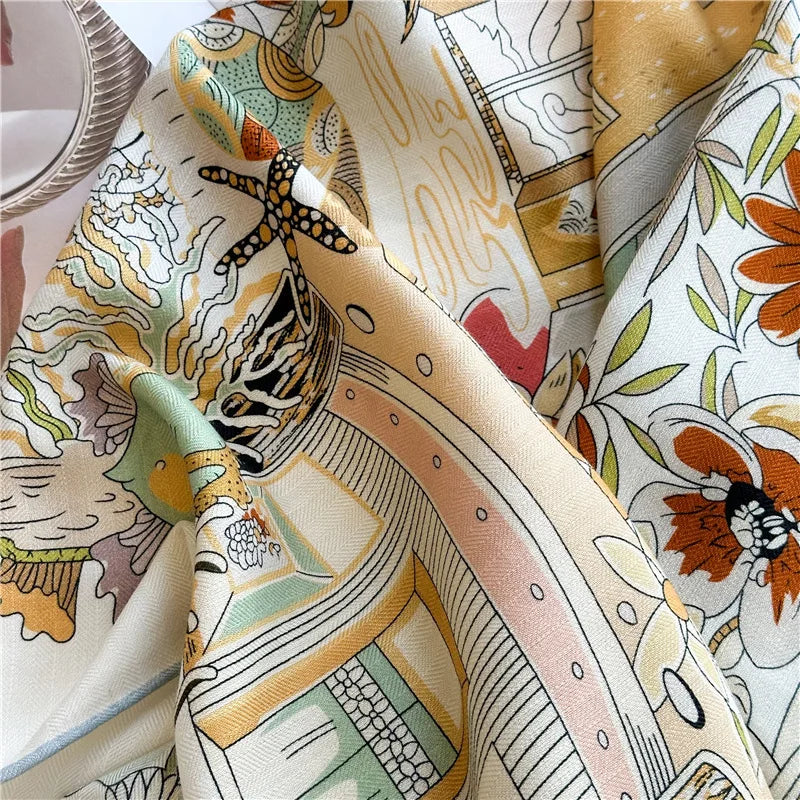 Women’s Silk Wool Shawl Big Square Printed Bandana Scarf