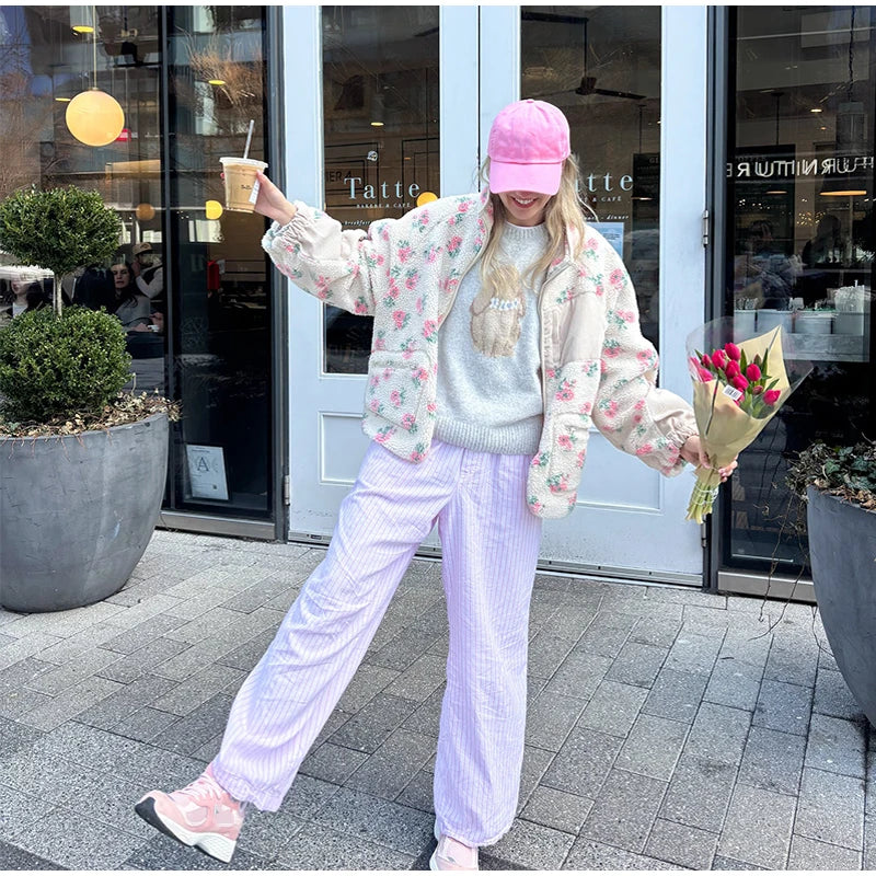 Retro Printed Plush Zipper Short Jacket Women Casual Loose High Neck Pocket Jackets Coat Lady 2025 Versatile Chic Street Outwear