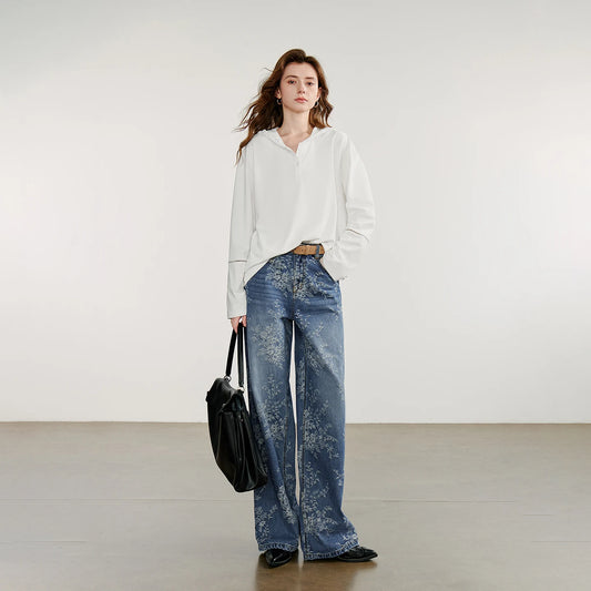 Women’s Cotton Denim Wide-Leg Pants – Autumn Jacquard Straight Jeans | High Street Cowboy Style - HER SHOP